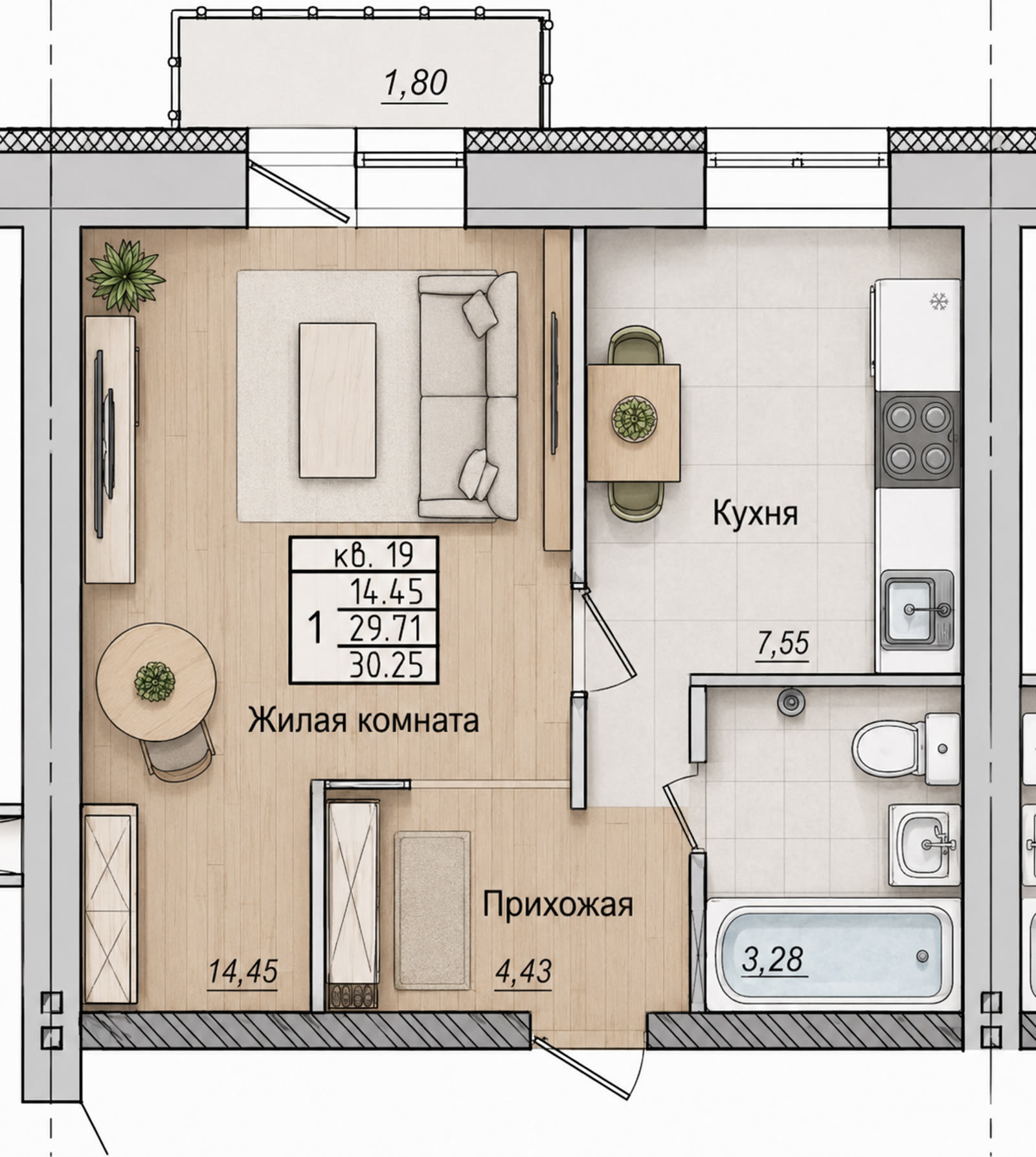 Планировка однокомнатной 30,25 м² — жилая 14,45, кухня 7,55, прихожая 4,43, санузел 3,28, балкон 1,80