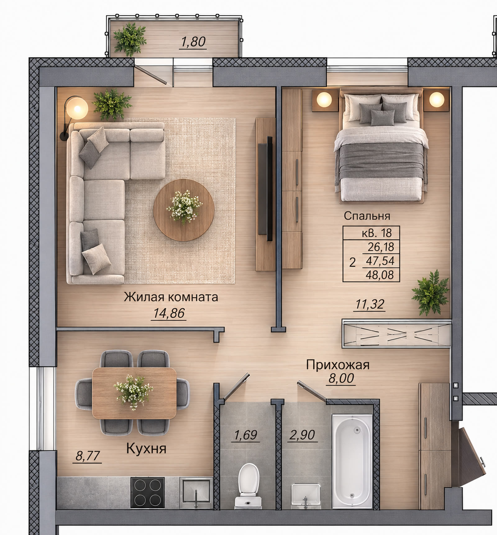 Планировка двухкомнатной 48,08 м² — жилая 14,86, спальня 11,32, кухня 8,77, прихожая 8,00, два санузла 1,69 и 2,90, балкон 1,80