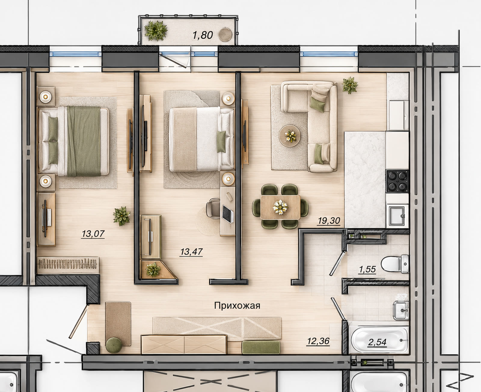 Планировка трёхкомнатной 62,83 м² — прихожая 12,36, гостиная-кухня 19,30, две спальни 13,07 и 13,47, два санузла, балкон 1,80